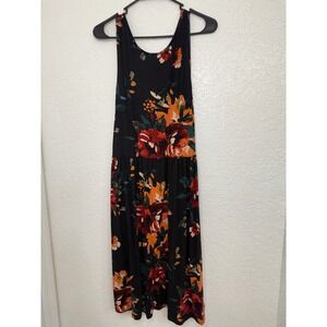 HIMONE Womens 3XL Floral Sleeveless Midi Sundress Black Red Orange Dropped Waist